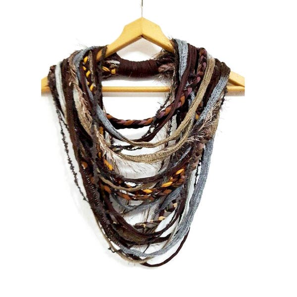 Ethnic Brown Woodland Scarf Necklace Autumn Infinity Scarf Abstract Festival Tribal Boho Hippie Necklace Fun Necklace Art Jewelry