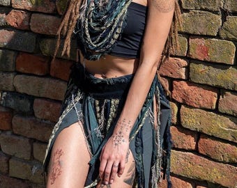 Festival fringe skirt and scarf necklace set Festival fits costume set, Pixie skirt Top alternative Burning Man Clothing Woman Custom skirt