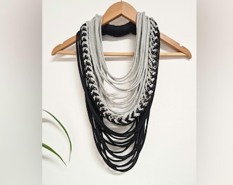 Black Gray Fabric Necklace Statement Infinity Scarves Scarf Necklace Boho Hippie Tribal Necklace Fancy Cowl Neck Wrap Shawl Unique Scarves