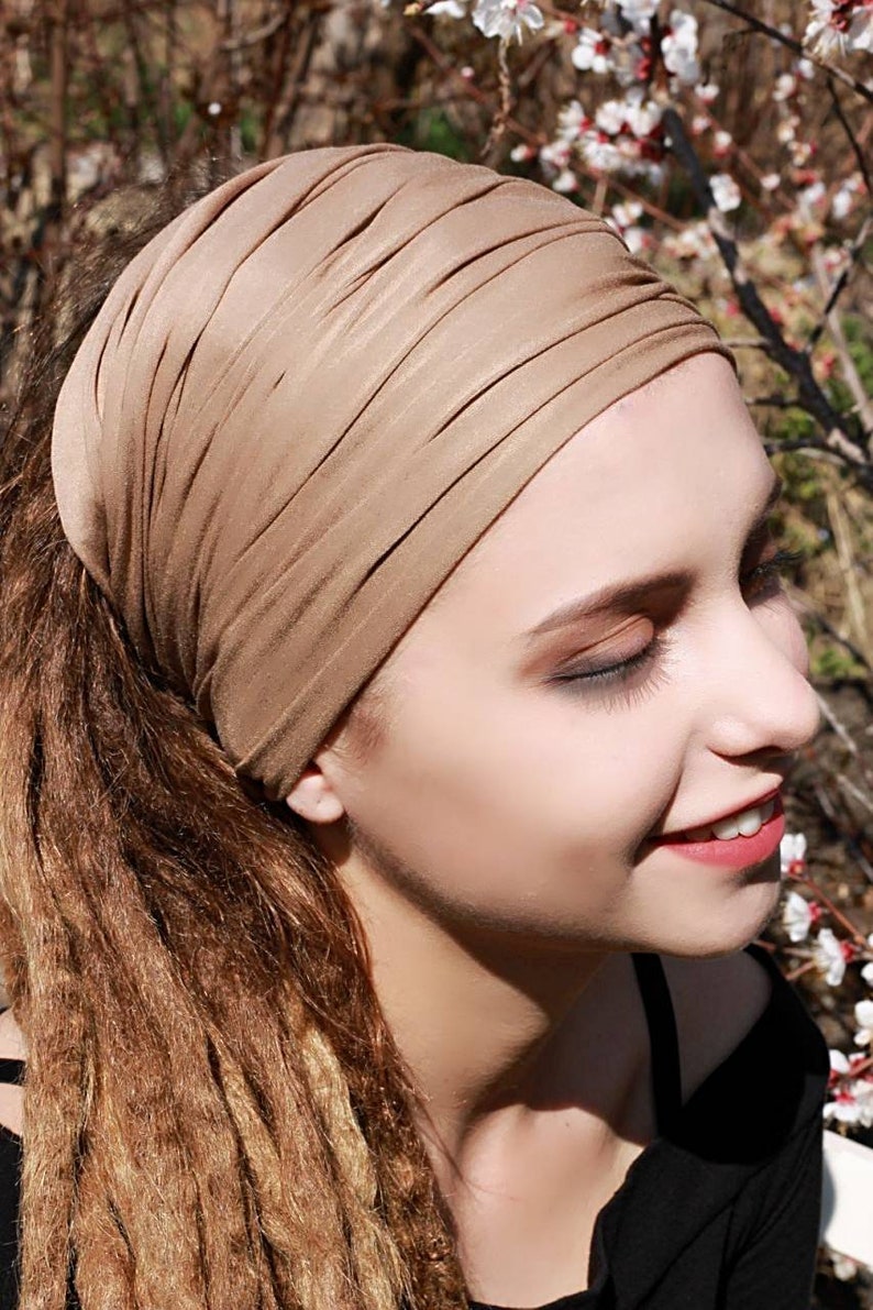Dreadlock Tube Headband Caramel color Wide Yoga Hairband Lock Tube Headband Womens Mens Headband for dreads Head Wrap Dread Sock Camel Beige image 4