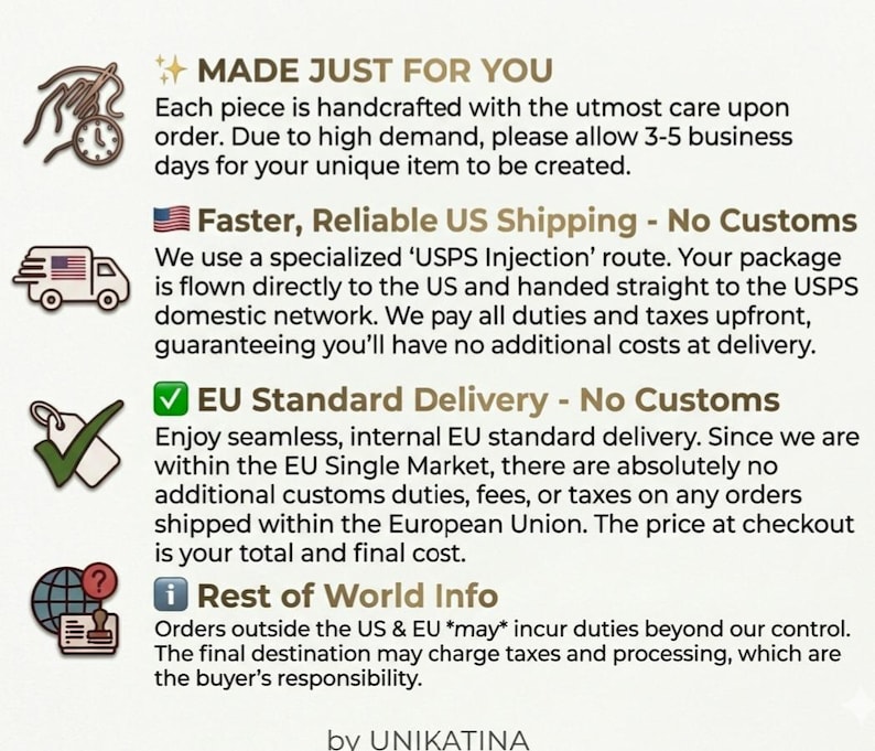May include: An informational graphic featuring four distinct sections with icons. The text includes headings: MADE JUST FOR YOU, Faster, Reliable US Shipping - No Customs, EU Standard Delivery - No Customs, and Rest of World Info, ending with by UNIKATINA.