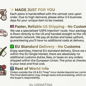 Puede incluir: Un gr&aacute;fico informativo que presenta cuatro secciones distintas con iconos. El texto incluye: MADE JUST FOR YOU, Faster, Reliable US Shipping - No Customs, EU Standard Delivery - No Customs, Rest of World Info, y la marca by UNIKATINA.