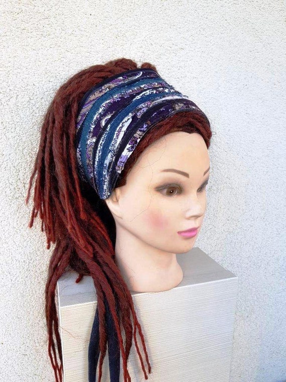 Purple Headband Dreadlock Accessories Denim Frayed Jeans Yoga Head wraps  Bohemian Stye Gypsy  Hippie Clothing  Scruffy Shabby Obi Belt