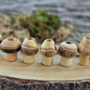 Peut inclure: Une collection de petites figurines en bois sculpté en forme de champignon, disposées en rangée. Chaque pièce présente un chapeau arrondi et lisse avec un trou central et une tige cylindrique, révélant des motifs de grain de bois naturel.