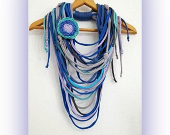 Gray Blue Lavender Scarf Necklace Tribal Large Fabric Jewelry Necklace with Pin Textille Jewelry Multistrand T-shirt  Summer Beach Jewelry