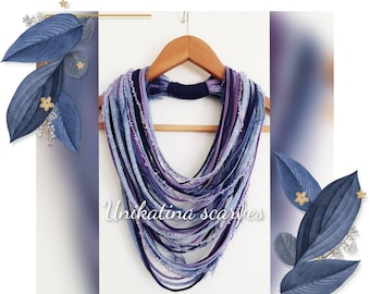Scarf Necklace Statement Infinity Scarf Necklace Boho Tribal Necklace Scruffy Necklace Chunky Lavender Navy Denim color scarf Gift for mum