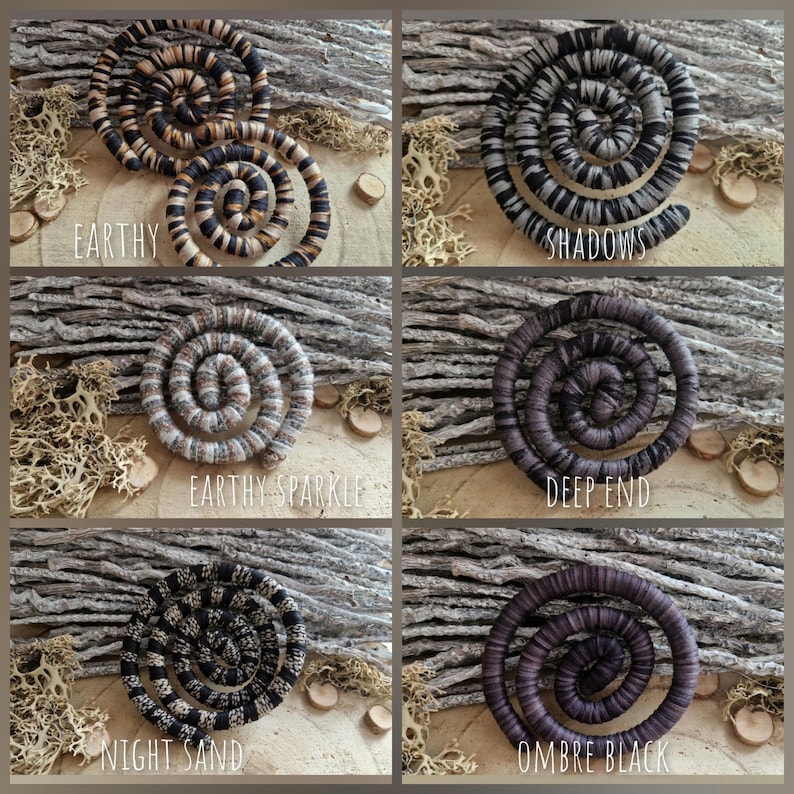 May include: Six spiral-shaped decorative items in various color schemes, including earthy tones, black and gray, and ombre black. Each item has a unique name: "Earthy", "Shadows", "Earthy Sparkle", "Deep End", "Night Sand", and "Ombre Black".
