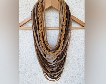 Brown green Earth Textille Scarf Necklace Fiber Necklace Tribal Festival Costume Jewelry Infinity Scarves Coacella Burning Man Infinity Cowl