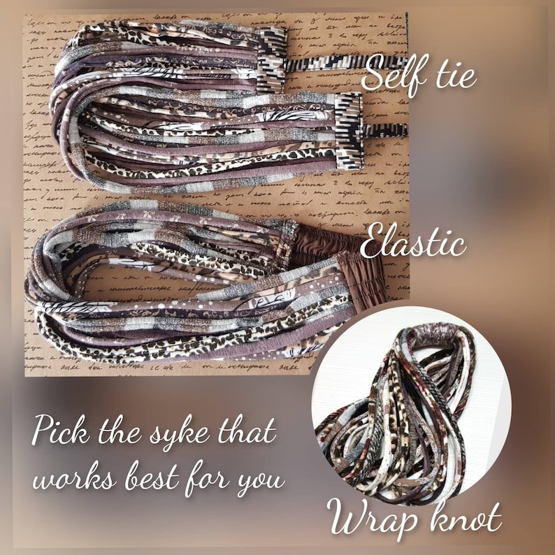 May include: Three multi-strand headbands in brown, gray, and white patterns. One features a self-tie closure, one has an elastic band, and one is a wrap knot style. Text on the image reads: Self tie, Elastic, Wrap knot, Pick the syke that works best for you.