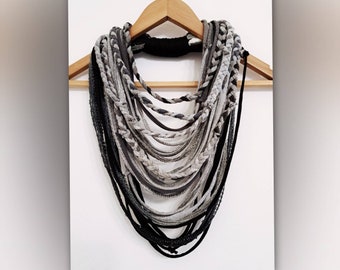 Gray Fabric Necklace Tribal Boho Festival Jewelry Textile Necklaces Scarves Boho Hippie Necklace Gray Scarf Unisex scarf