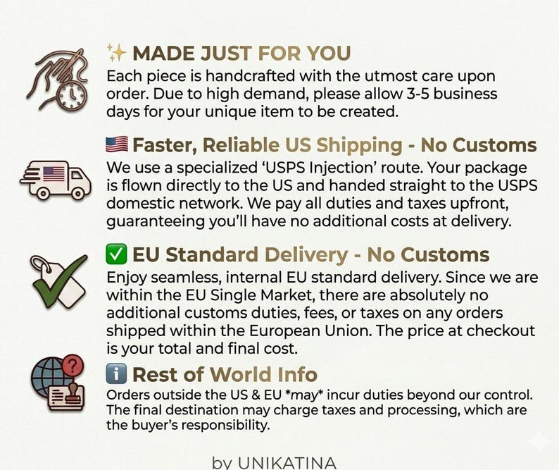 May include: An informational graphic with four sections featuring icons and text. The text includes: MADE JUST FOR YOU, Faster, Reliable US Shipping - No Customs, EU Standard Delivery - No Customs, Rest of World Info, and the brand name by UNIKATINA.