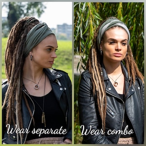 May include: Two images side-by-side showcasing a person wearing a green headband and a black leather jacket. The first image shows the headband worn alone, and the second shows the headband with a patterned scarf. The text "Wear separate" and "Wear combo" are displayed.