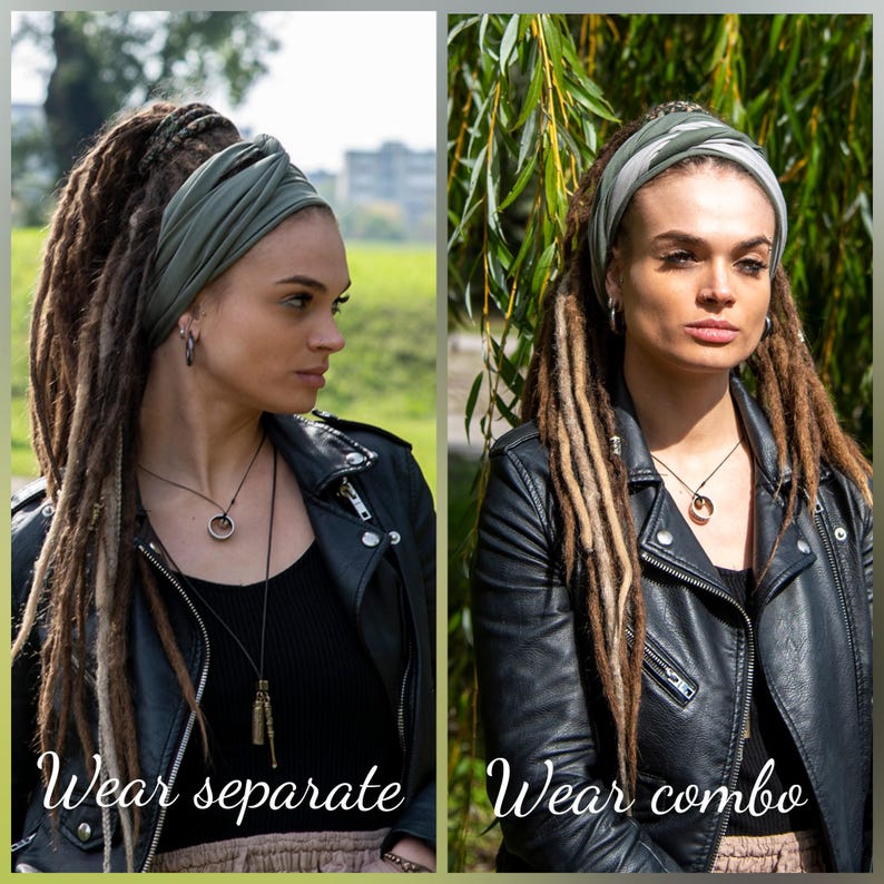 May include: Two images side-by-side showcasing a person wearing a green headband and a black leather jacket. The first image shows the headband worn alone, and the second shows the headband with a patterned scarf. The text "Wear separate" and "Wear combo" are displayed.