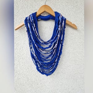 Royal Blue Scarf Necklace Textile Fabric Fiber T-shirt Yarn Necklace Long Multistranded Necklace Loop Necklace Unique Scarf OOAK Scarves