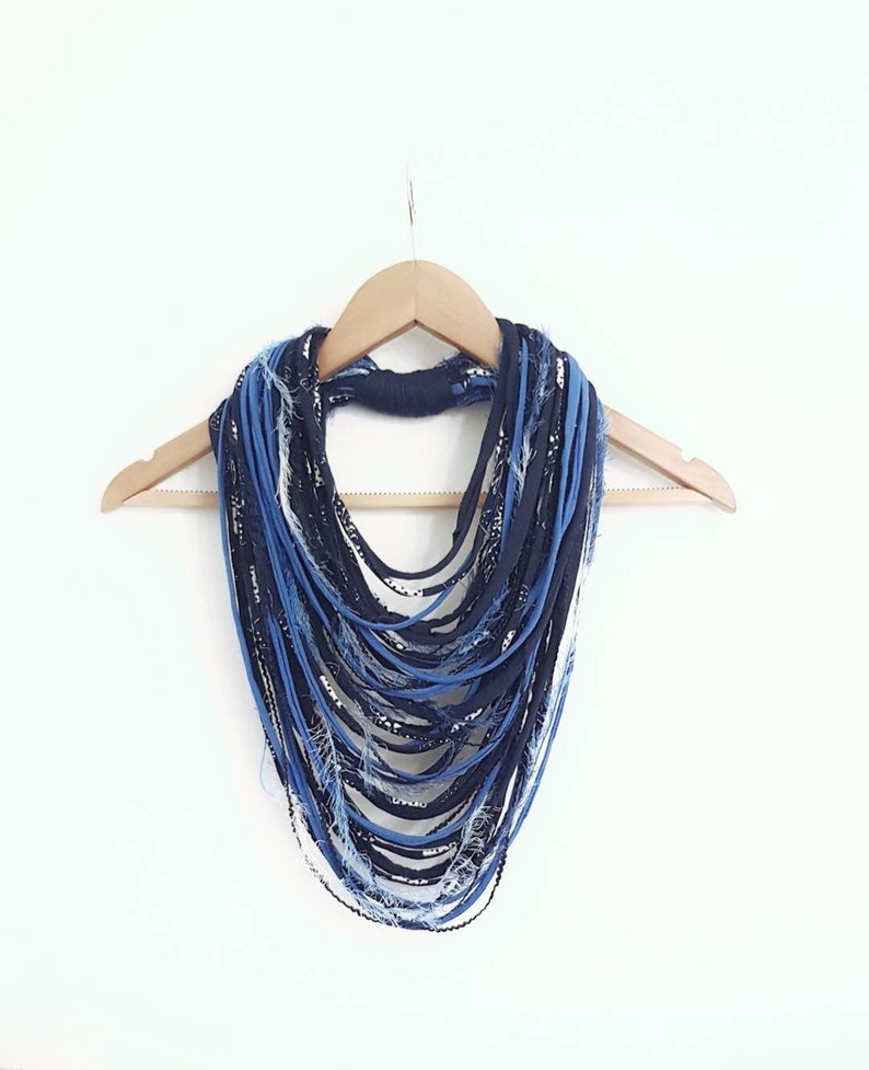 Blue Infinity Scarf Scarf Rope Scarf Necklace Winter accessories Fringe Necklace Boho Hippie Scarves Necklaces Navy Blue Scarf image 2