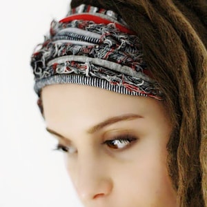 Dreadlock Accessories Dread Wrap Multistrand Headband Self tie adjustable headband. Non slip hair accessories frayed DIY headband red gray