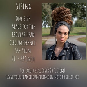 May include: A dark grey fabric headband worn on the head. Text on the left reads: SIZING, ONE SIZE MADE FOR THE REGULAR HEAD CIRCUMFERENCE 54- 58CM 21"- 23"INCH. FOR LARGER SIZE, (OVER 23", 58CM) LEAVE YOUR HEAD CIRCUMFERENCE IN NOTE TO SELLER BOX.