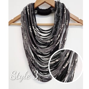 Black&White Gray Textille Scarf Necklace Fiber Necklace Tribal Festival Costume Jewelry Infinity Scarves Coacella Burning Man Infinity Cowl image 5