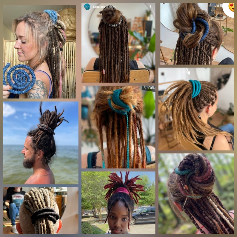 A collage of images showcasing different ways to style dreadlocks using colorful fabric hair ties. The images feature various hairstyles, including a high ponytail, a bun, and loose dreadlocks.