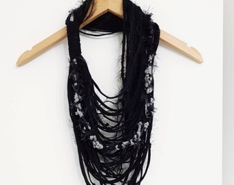 Black Scarf Necklace Statement Grunge Festival Jewelry Infinity Scarf Woman Scarves Black Goth Scarves Burning man scarf Costume jewelry
