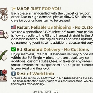 May include: An informational graphic featuring four distinct sections with icons. The text includes headings: MADE JUST FOR YOU, Faster, Reliable US Shipping - No Customs, EU Standard Delivery - No Customs, and Rest of World Info, ending with by UNIKATINA.