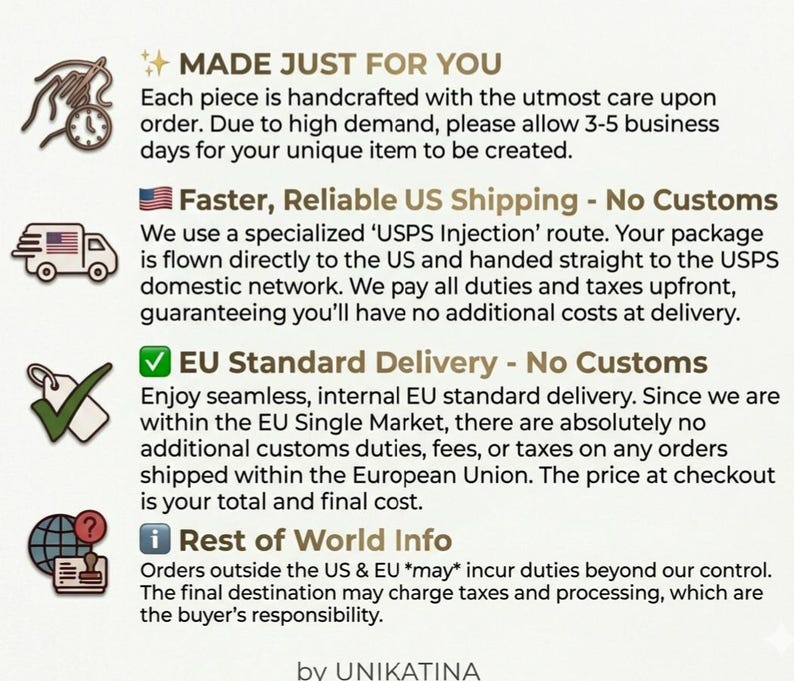 May include: An informational graphic featuring four distinct sections with icons. The text includes headings: MADE JUST FOR YOU, Faster, Reliable US Shipping - No Customs, EU Standard Delivery - No Customs, and Rest of World Info, ending with by UNIKATINA.
