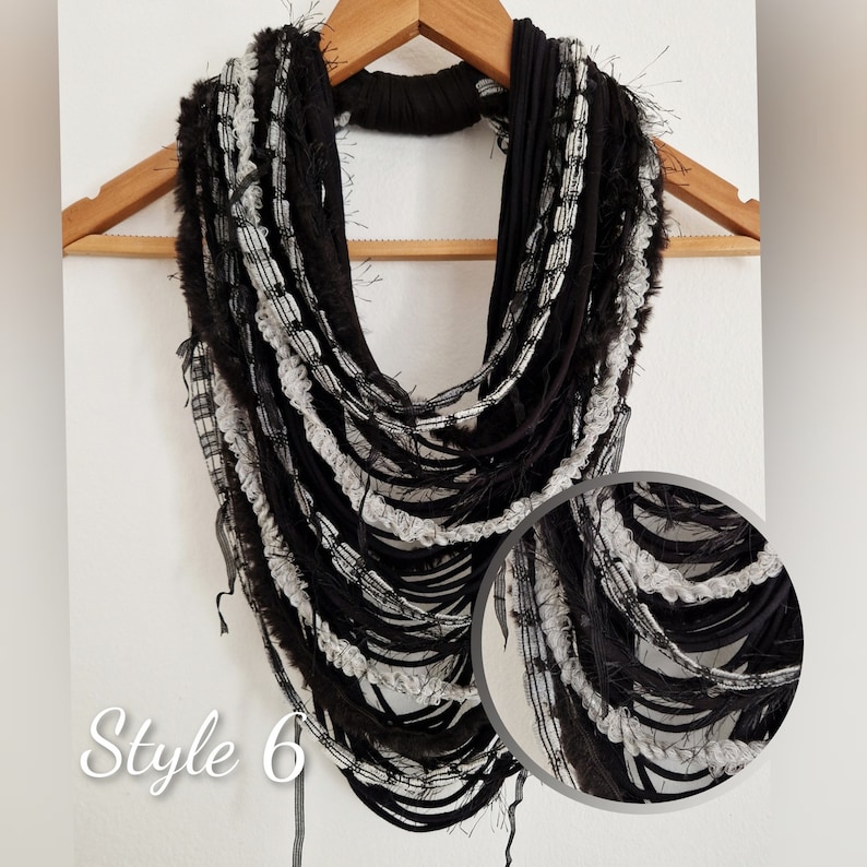 Black&White Gray Textille Scarf Necklace Fiber Necklace Tribal Festival Costume Jewelry Infinity Scarves Coacella Burning Man Infinity Cowl image 8