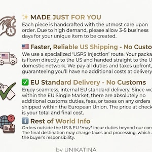 May include: Text on a cream-colored background reads "MADE JUST FOR YOU" and details about handcrafted items. It also includes information about shipping within the US and EU, and for the rest of the world.
