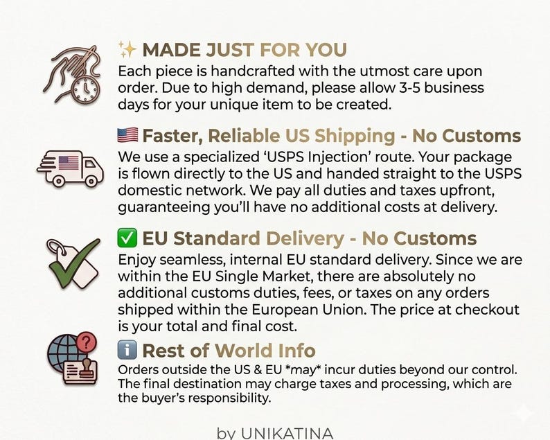 May include: Text on a cream-colored background reads "MADE JUST FOR YOU" and details about handcrafted items. It also includes information about shipping within the US and EU, and for the rest of the world.
