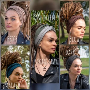 May include: A collection of headbands in various colors, including beige, sage green, brown, dark olive, and emerald. Each headband is shown on a person with dreadlocks, and the color name is displayed in white text.