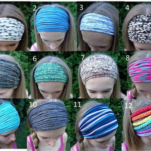 May include: A collection of twelve fabric headbands featuring various patterns and colors, including polka dots, solid blue, leopard print, heather gray, floral, striped, and braided designs, each worn across the forehead to secure hair in place.
