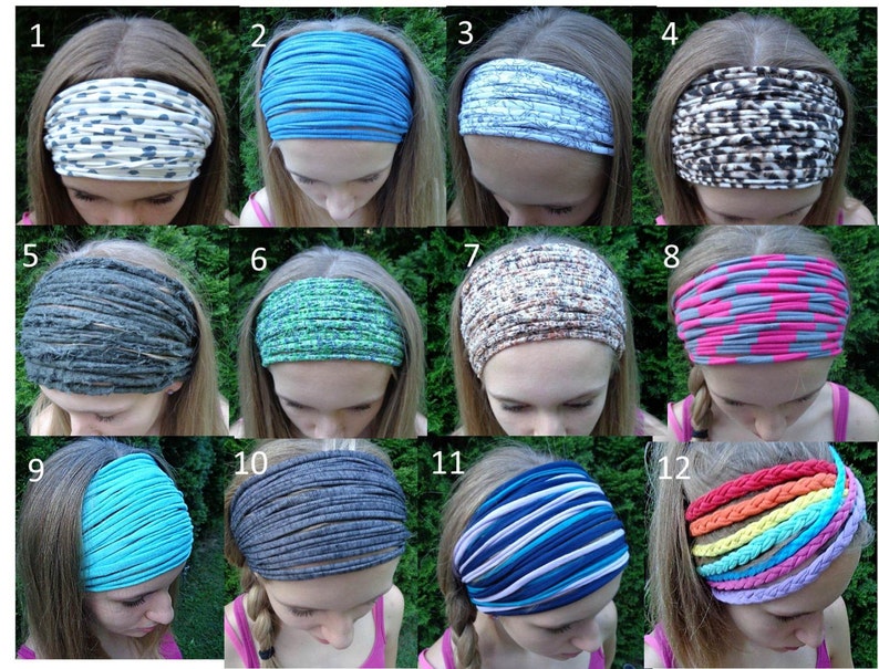 May include: A collection of twelve fabric headbands featuring various patterns and colors, including polka dots, solid blue, leopard print, heather gray, floral, striped, and braided designs, each worn across the forehead to secure hair in place.