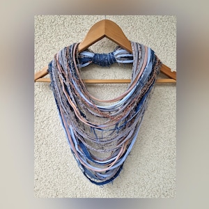 Old jeans distressed upcycled jeans denim scarf necklace Fabric jewelry Textile statement necklace Festival cowl  Summer Scarf Lightweight