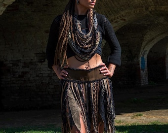Jordnära festivalkläder Set Festivalklänning Rave-outfit Pixie-kjol Toppalternativ Burning Man-kläder för kvinnor Festlig minikjol med tofsar