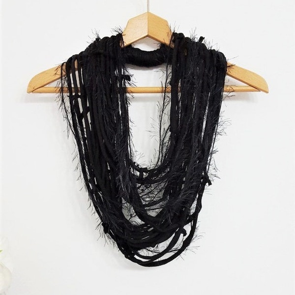 Black Scarf Necklace Statement Grunge Black Jewelry Infinity Scarf Woman Scarves Black Goth Necklace Multistrand Scarves