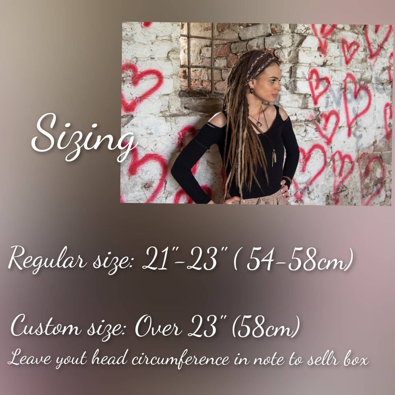 May include: A brown patterned headband worn with long dreadlocks. Text reads: Sizing, Regular size: 21-23 inches (54-58cm), Custom size: Over 23 inches (58cm), Leave yout head circumference in note to sellr box. The background features red hearts.