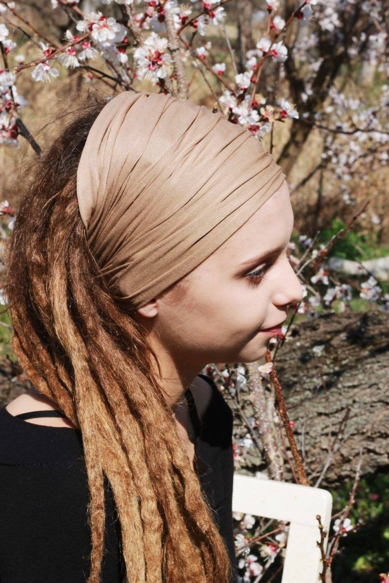 Dreadlock Tube Headband Caramel color Wide Yoga Hairband Lock Tube Headband Womens Mens Headband for dreads Head Wrap Dread Sock Camel Beige image 1