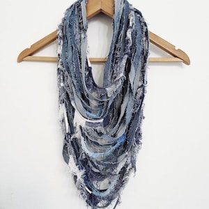 Upcycled jeans Frayed Jeans Denim Scarf Necklace Fabric Jewelry Textile Statement Denim Necklace Big Necklace Scarf Wrap Festival outfit