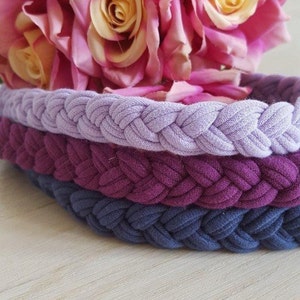 May include: Three braided headbands in light purple, deep purple, and dark blue fabric, stacked horizontally. A cluster of pink and cream-colored roses rests directly behind the headbands, adding a floral element to the composition.