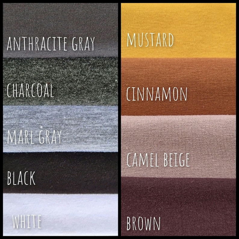 K&ouml;nnte beinhalten: Eine Farbpalette mit Stoffmustern in verschiedenen Farbt&ouml;nen. Die linke Seite zeigt Anthrazitgrau, Holzkohle, Marl Grey, Schwarz und Wei&szlig;. Die rechte Seite zeigt Senf, Zimt, Kamelbeige und Braun, jeweils mit ihren Namen.