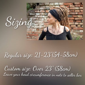 May include: A black fabric headband with a braided detail. The text reads: Sizing, Regular size: 21-23 inches (54-58cm), Custom size: Over 23 inches (58cm), Leave your head circumference in note to seller box. The headband is worn by a person.