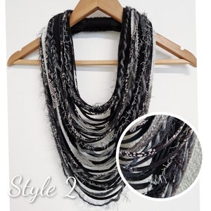 Black&White Gray Textille Scarf Necklace Fiber Necklace Tribal Festival Costume Jewelry Infinity Scarves Coacella Burning Man Infinity Cowl image 4