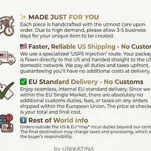 May include: An informational graphic with four sections featuring icons and text. The text includes: MADE JUST FOR YOU, Faster, Reliable US Shipping - No Customs, EU Standard Delivery - No Customs, Rest of World Info, and the brand name by UNIKATINA.