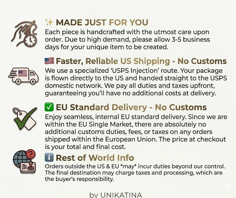 May include: An informational graphic with four sections featuring icons and text. The text includes: MADE JUST FOR YOU, Faster, Reliable US Shipping - No Customs, EU Standard Delivery - No Customs, Rest of World Info, and the brand name by UNIKATINA.