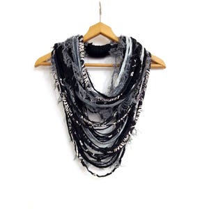 Black&White Gray Textille Scarf Necklace Fiber Necklace Tribal Festival Costume Jewelry Infinity Scarves Coacella Burning Man Infinity Cowl image 1