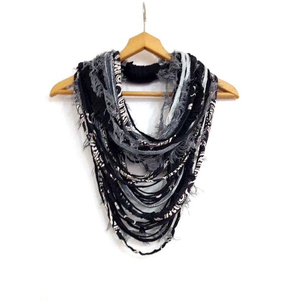 Black&White Gray Textille Scarf Necklace Fiber Necklace Tribal Festival Costume Jewelry Infinity Scarves Coacella Burning Man Art Wear