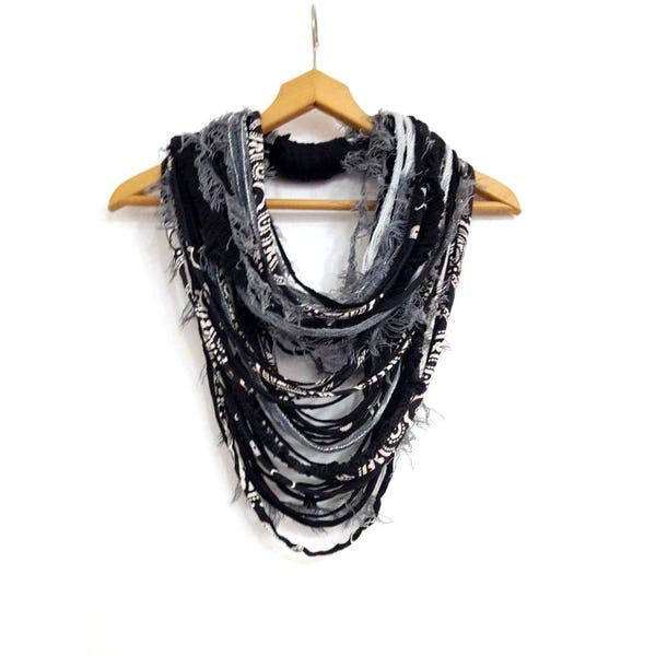 Black&White Gray Textille Scarf Necklace Fiber Necklace Tribal Festival Costume Jewelry Infinity Scarves Coacella Burning Man Infinity Cowl