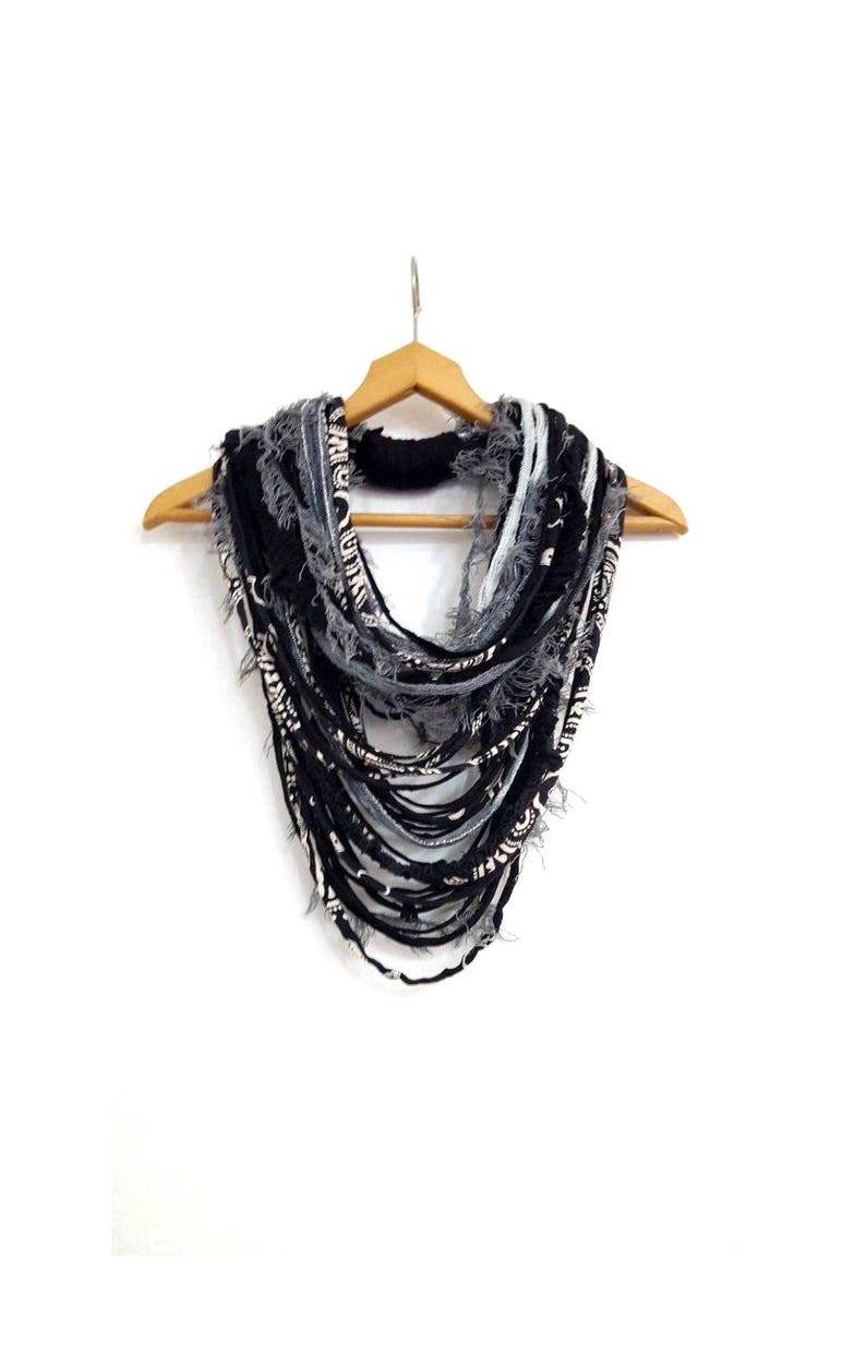 Black&White Gray Textille Scarf Necklace Fiber Necklace Tribal Festival Costume Jewelry Infinity Scarves Coacella Burning Man Infinity Cowl 