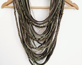 Olive Green Camo Woodland Infinity Cowl,  Scarf Necklace, Tribal Elf Jewelry, Handmade Unique Earth tones Festival Costume Jewelry