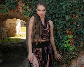 Earthy festival fringe skirt and scarf set Festival fits Tribal festival costume set, Pixie skirt Top alternative Burning Man Clothing Woman